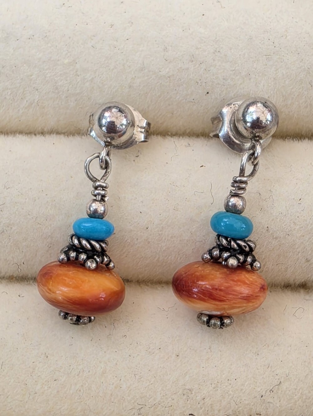 Sterling Silver Orange and Turquoise Drop Earrings - 2.12g
